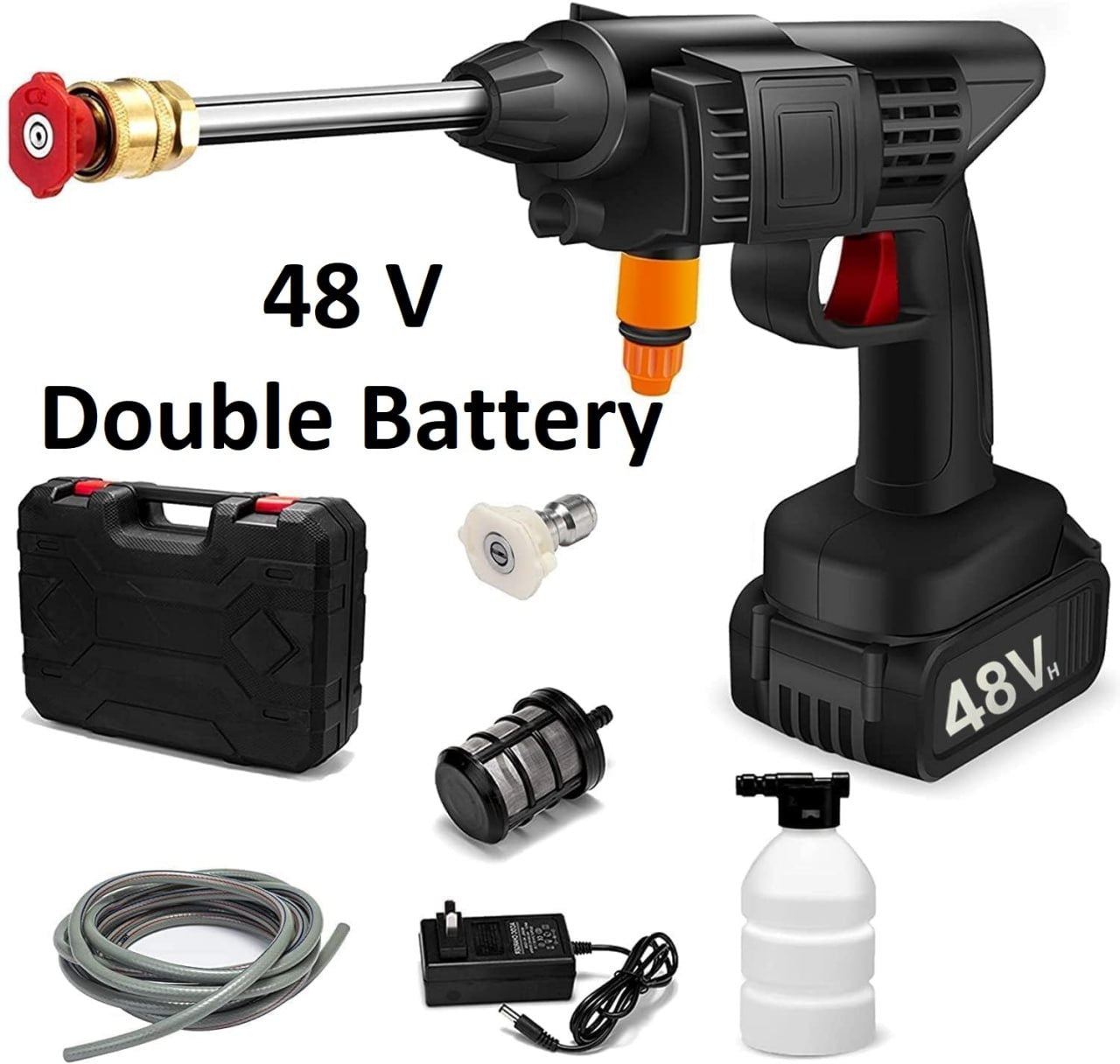 Cordless Car Washer High Pressure Gun 48V 12000mah High Pressure Water Gun for Car Wash Bike Washing Cleaning Adjustable Nozzle and 5M Hose Pipe (Black-CAR Washer Gun)