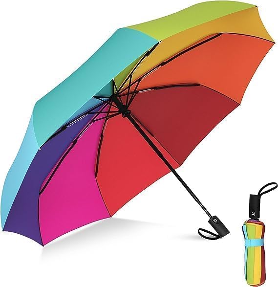Rain Umbrella, UV Big Size Umbrella for Sun Protection Rain Windproof Strong large 3 fold for men women kids boys girls Perfect small & stylish Folding Auto Open & Close umbrella (Rainbow)