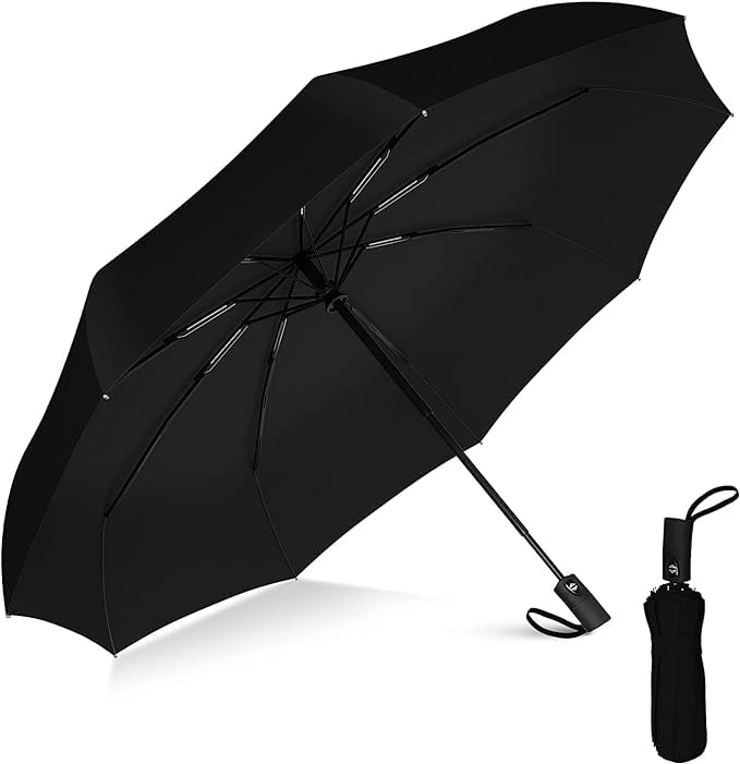 Jpwels Windproof Umbrella for Men and Women - Auto Open Close Travel Umbrellas with UV Protection, Folding Compact Rain Umbrella for Girls, Boys, and Car Use (Black)