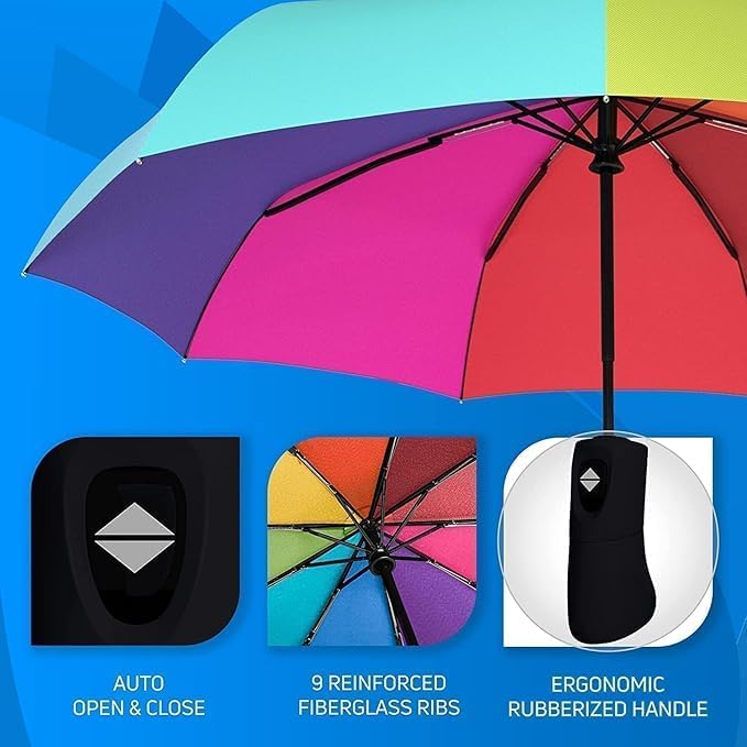 Rain Umbrella, UV Big Size Umbrella for Sun Protection Rain Windproof Strong large 3 fold for men women kids boys girls Perfect small & stylish Folding Auto Open & Close umbrella (Rainbow)