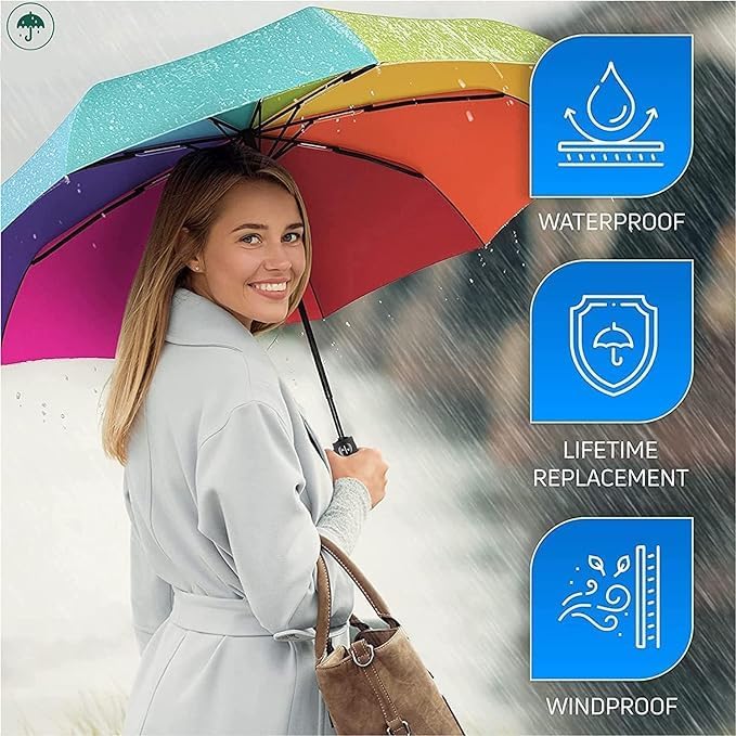 Rain Umbrella, UV Big Size Umbrella for Sun Protection Rain Windproof Strong large 3 fold for men women kids boys girls Perfect small & stylish Folding Auto Open & Close umbrella (Rainbow)