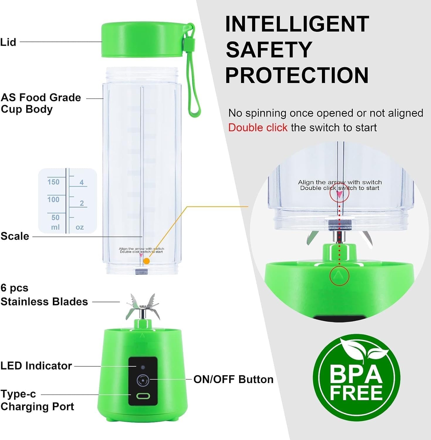 Portable Electric USB Juice Maker Bottle | Blender Grinder Mixer | Rechargeable with 6 Blades